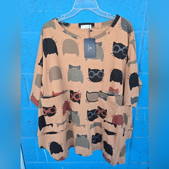 EllaZhu Brown Cat Short SleeveBaggy Tunic Shirt Womens Size One Size - Picture 9 of 12